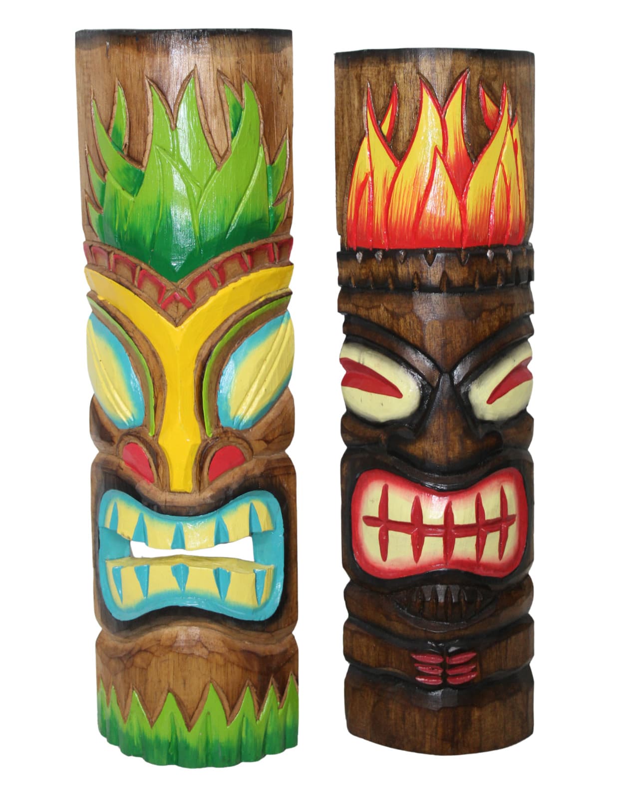 Set 2 Hawaiian Tiki Masks Hand-Carved Wooden Polynesian Wall Decor Tribal 19"