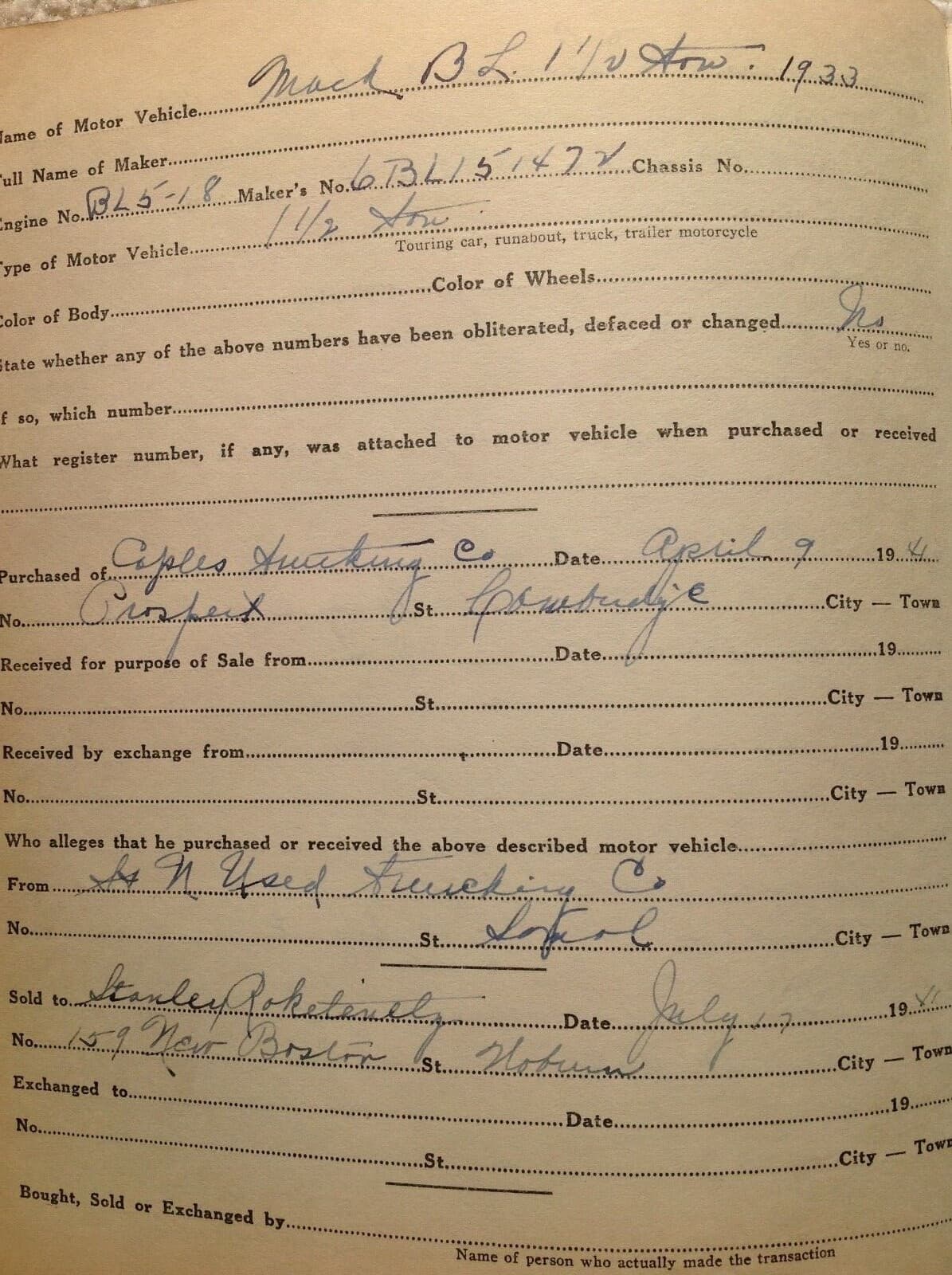 Used Car Record Ledger 1930-39 cars Ford Chevy etc Medford MA Massachusetts AACA 5