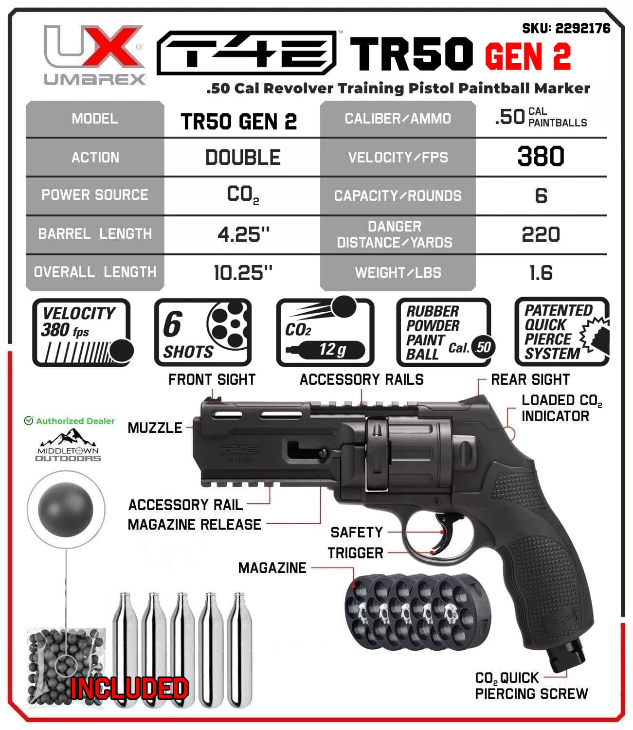 Umarex TR50 Paintball Revolver w/ 50 Rubber Balls & 5 CO2, 7.5J GEN2 (2292176) 2