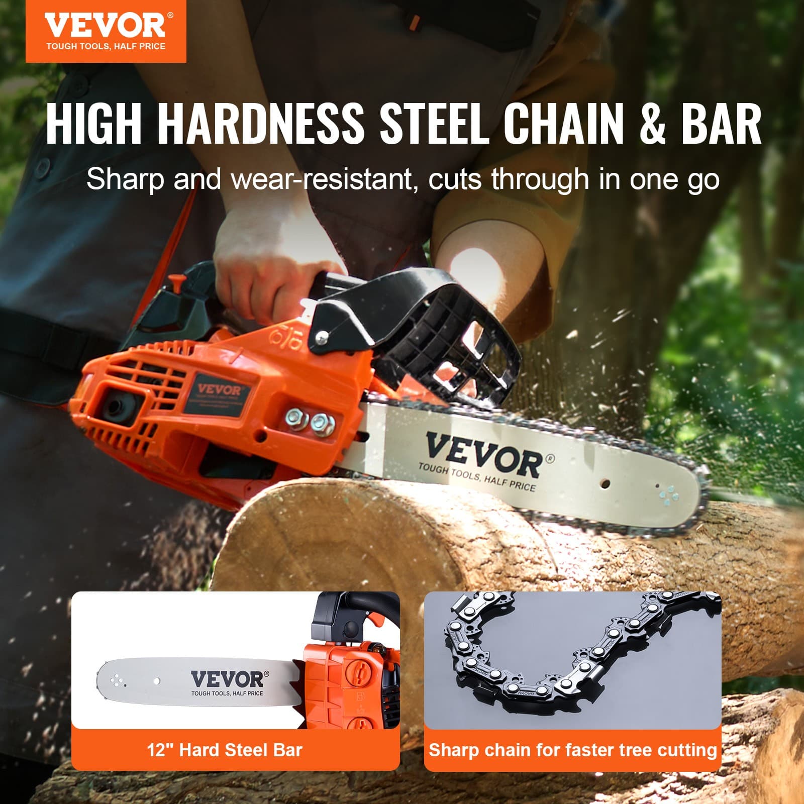 VEVOR 25.4CC 12" Gasoline Chainsaw Powered Wood Cutting Engine Gas Chain Saw 2