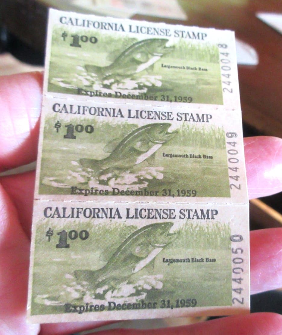 3 1959 California Fishing Stamps Consecutive numbers unused.  (w19)