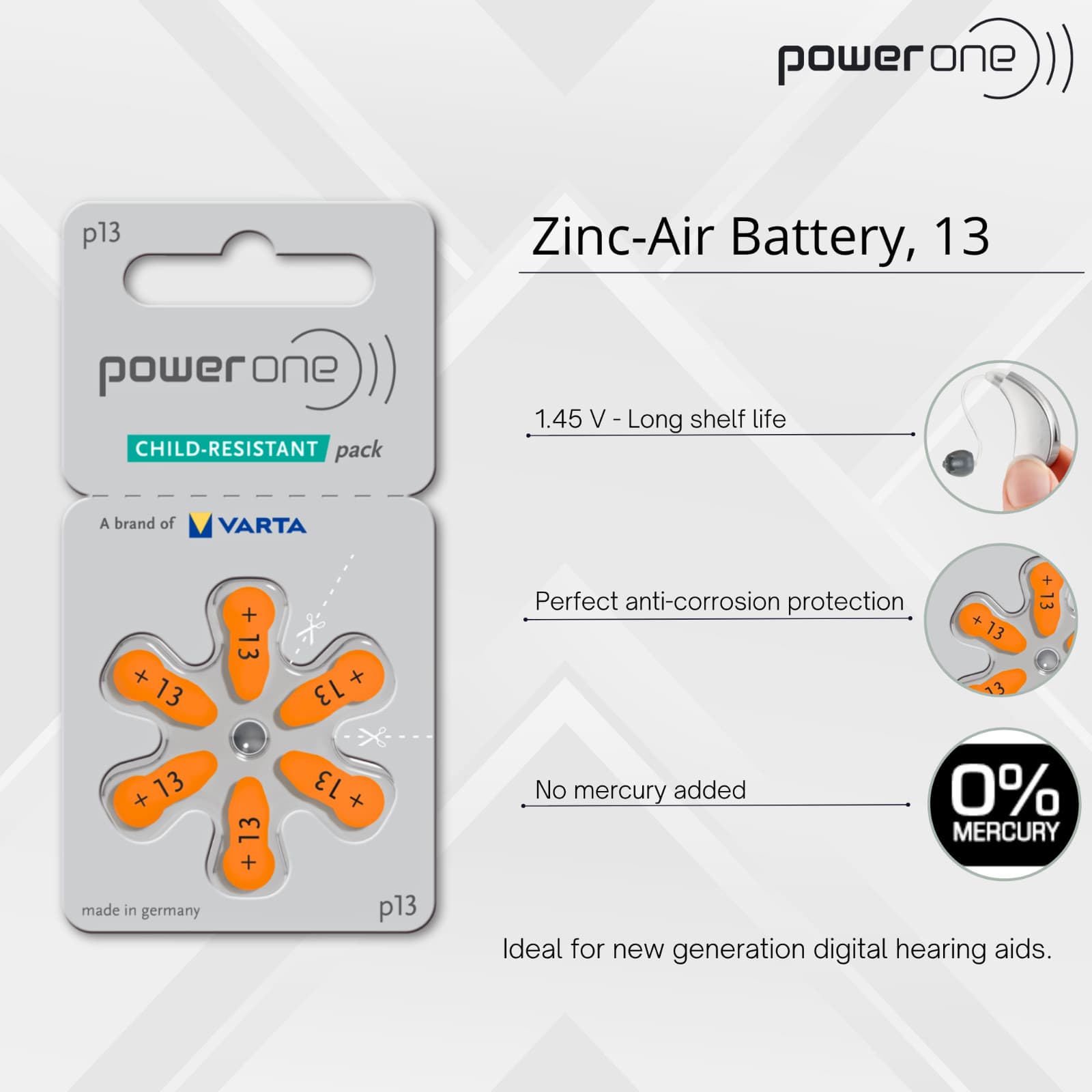 Power One Size 13 - MERCURY FREE - PR48 P13 Hearing Aid Batteries (60 Pack) 2