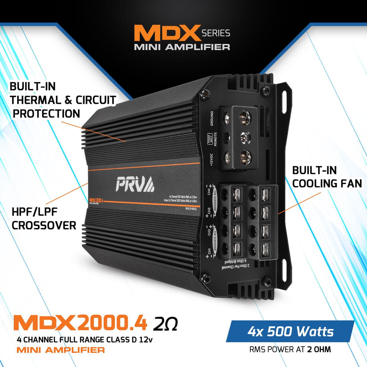 PRV MDX2000.4 2 Ohm Mini 4 Channel 4x 500 Watts Amp Compact Car Audio Amplifier 6