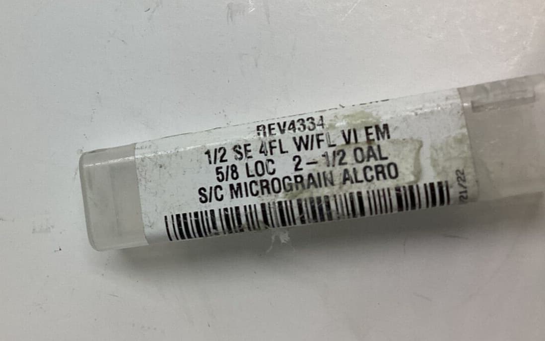 1/2 Single End 4 Flute Carbide Alcro Coating End Mill 5/8 LOC 2-1/2 OAL REV4334 3