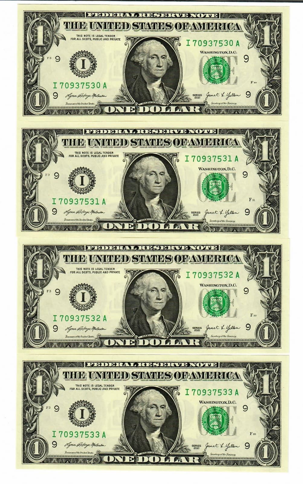 Consecutive Uncirculated $1 series 2021 half pack last 2 digit slightly raised 3
