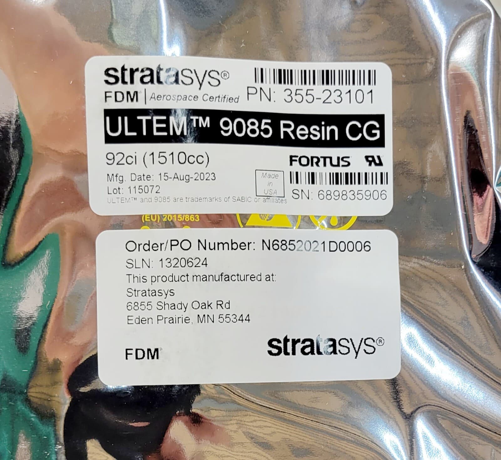 Stratasys FDM Fortus Ultem 9085 Resin CG 355-23101 - 92ci Aerospace Certified 4