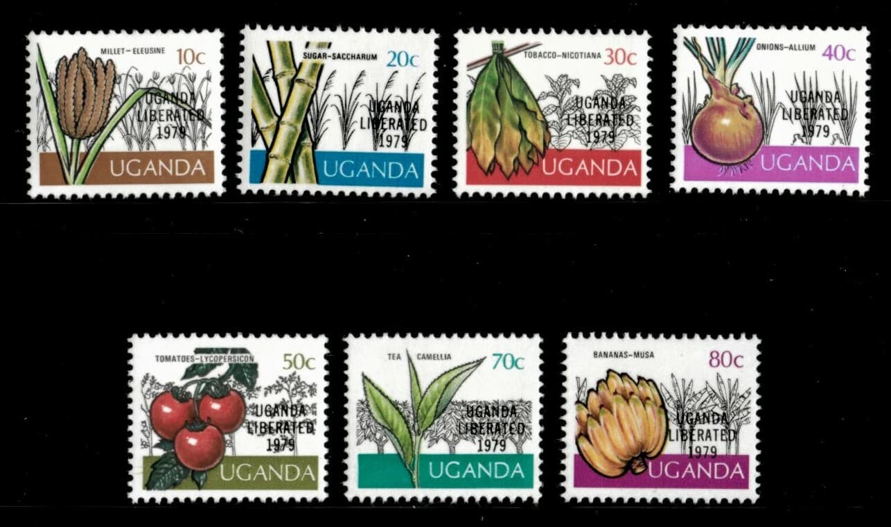 Uganda 1979 - CROPS LIBERATED OVERPRINT - Set of 7 Stamp Scott #227-33 - MNH
