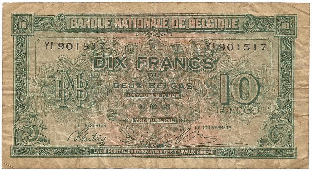 1943 WORLD WAR II Belgium KINGDOM IN EXILE (London) "10 Francs or 2 Belgas" NOTE 2