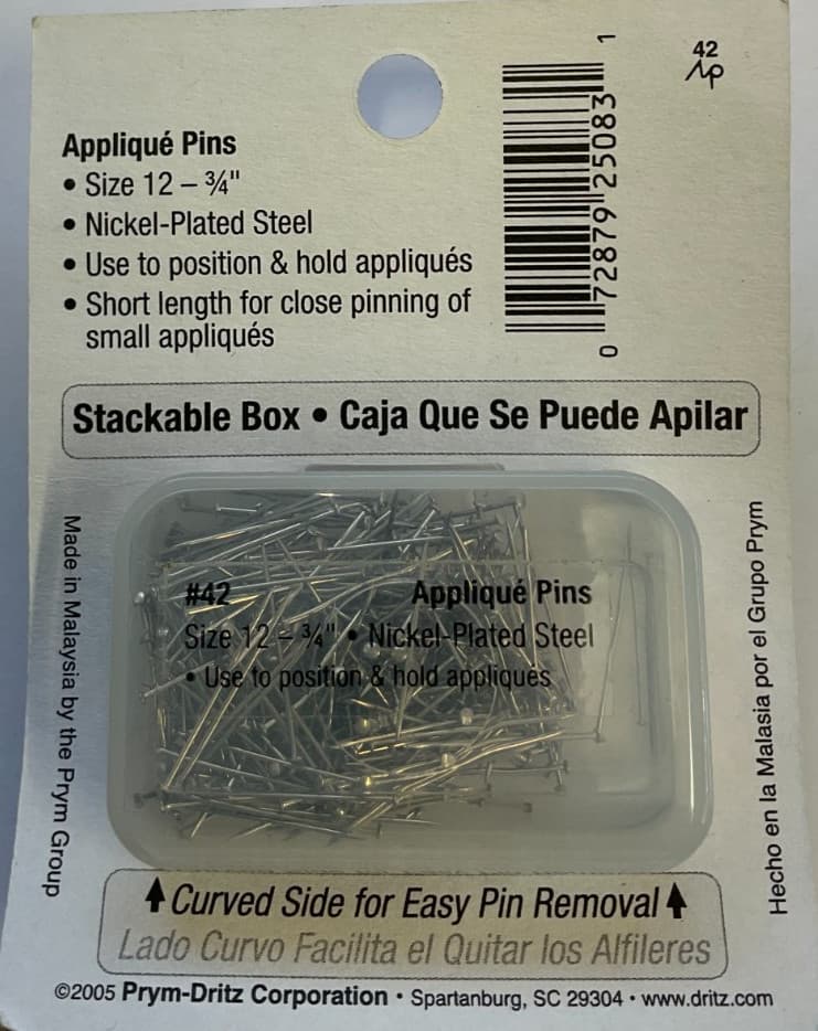DRITZ #42 350 CT APPLIQUE PINS, SIZE 12 - 3/4" IN PLASTIC CASE 2