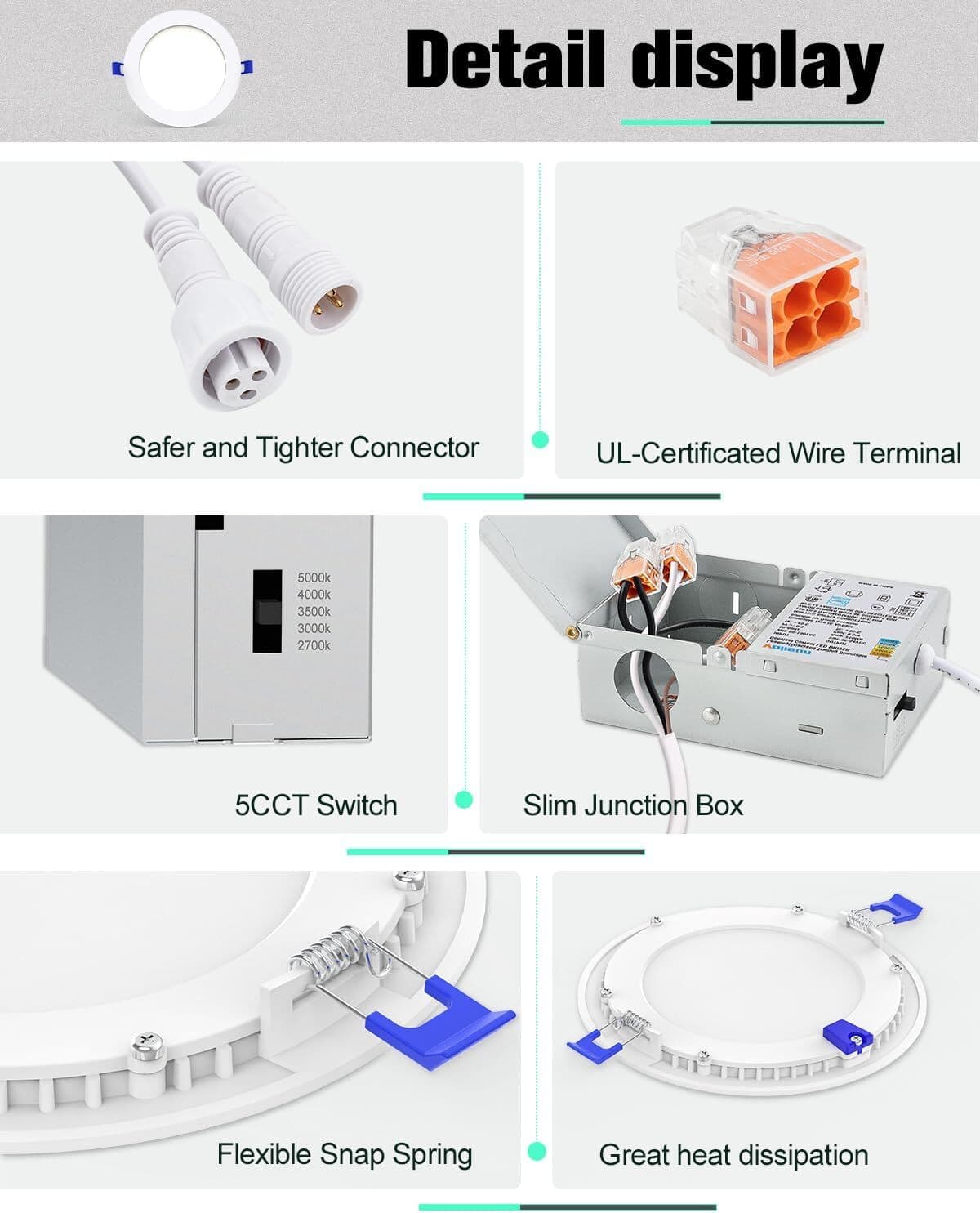 4 Inch 5CCT LED Recessed Ceiling Dimmable Light with Junction Box 2700K-5000K 6
