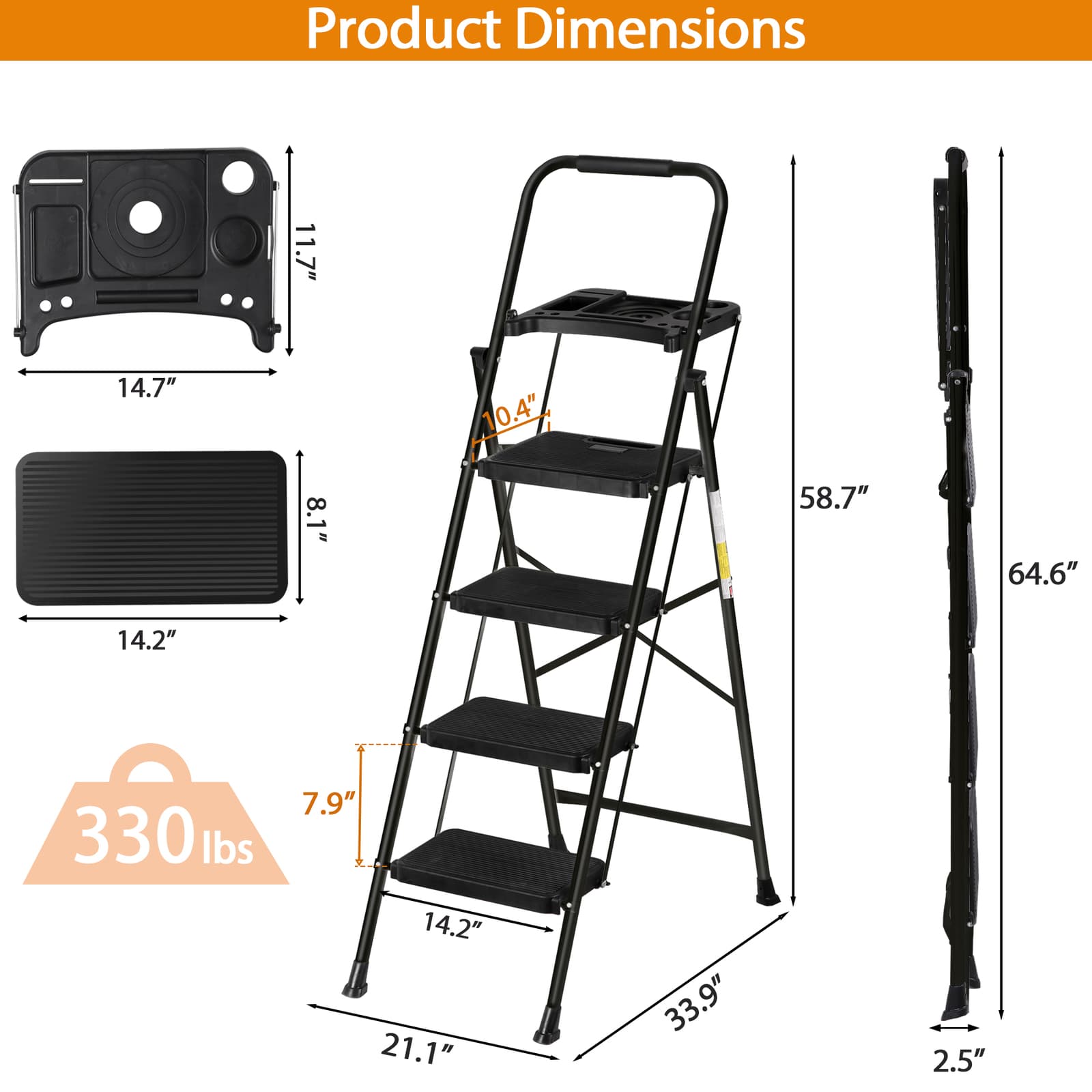 Lightweight 3/4/5 Step Ladder Folding Step Stool with Tool Tray Anti-Slip Pedal  3