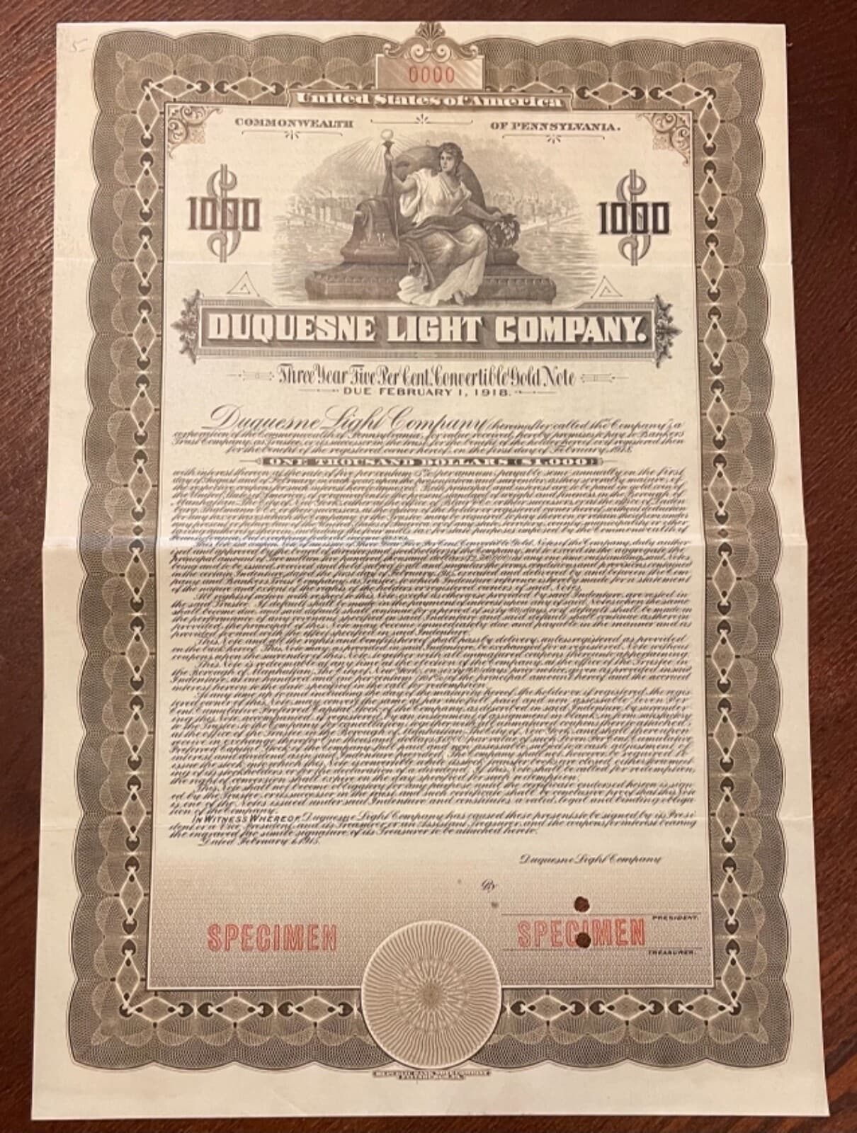 1915 Duquesne Light Specimen Bond Stock Certificate