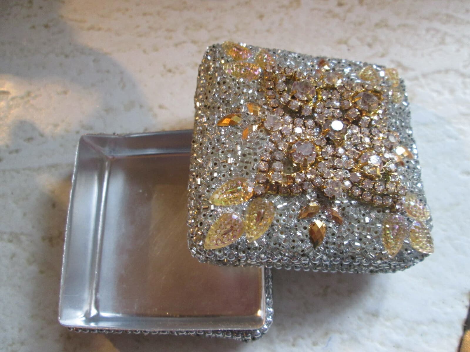 TRINKET BOX JEWEL LUXURY METAL SQUARE SILVER BEADED RHINESTONE CRYSTAL FANCY￼ 5