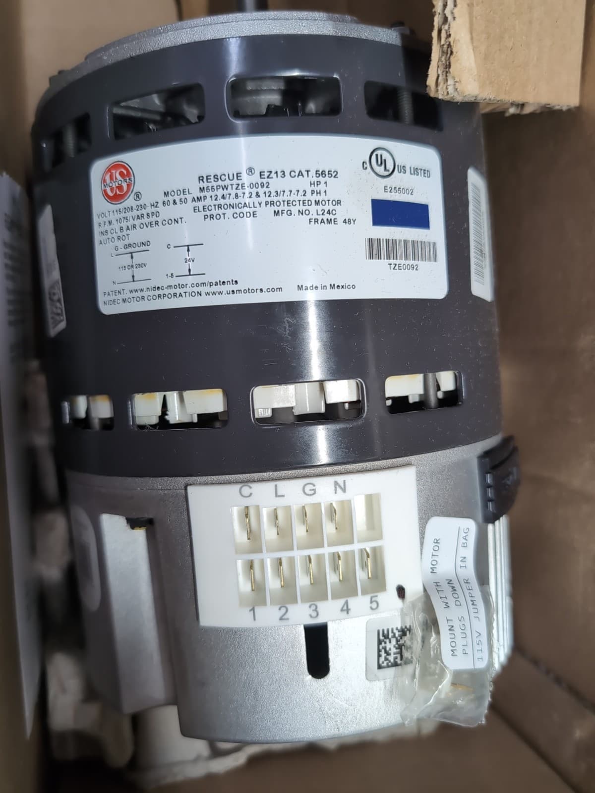 US Motors 5652 Rescue EZ13 ECM Motor 1HP 1075 RPM 115/208-230V Nidec 6