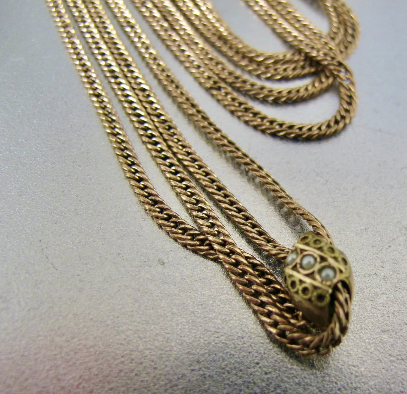 Antique Victorian Gold Filled Seed Pearl Slide Watch Chain Necklace 3
