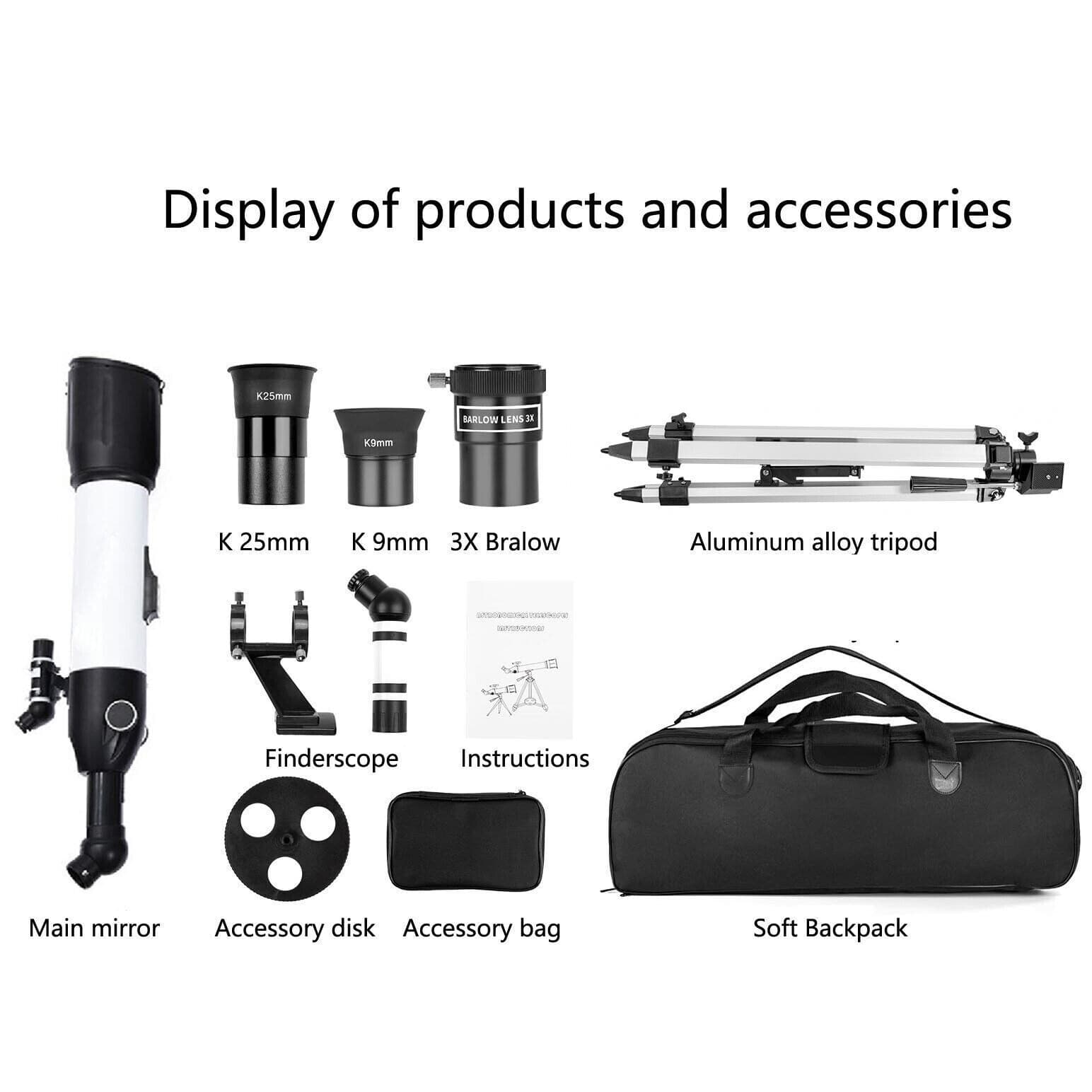 High Power Telescope for Adults 90mm Aperture Refractor 800mm Focal Length 5