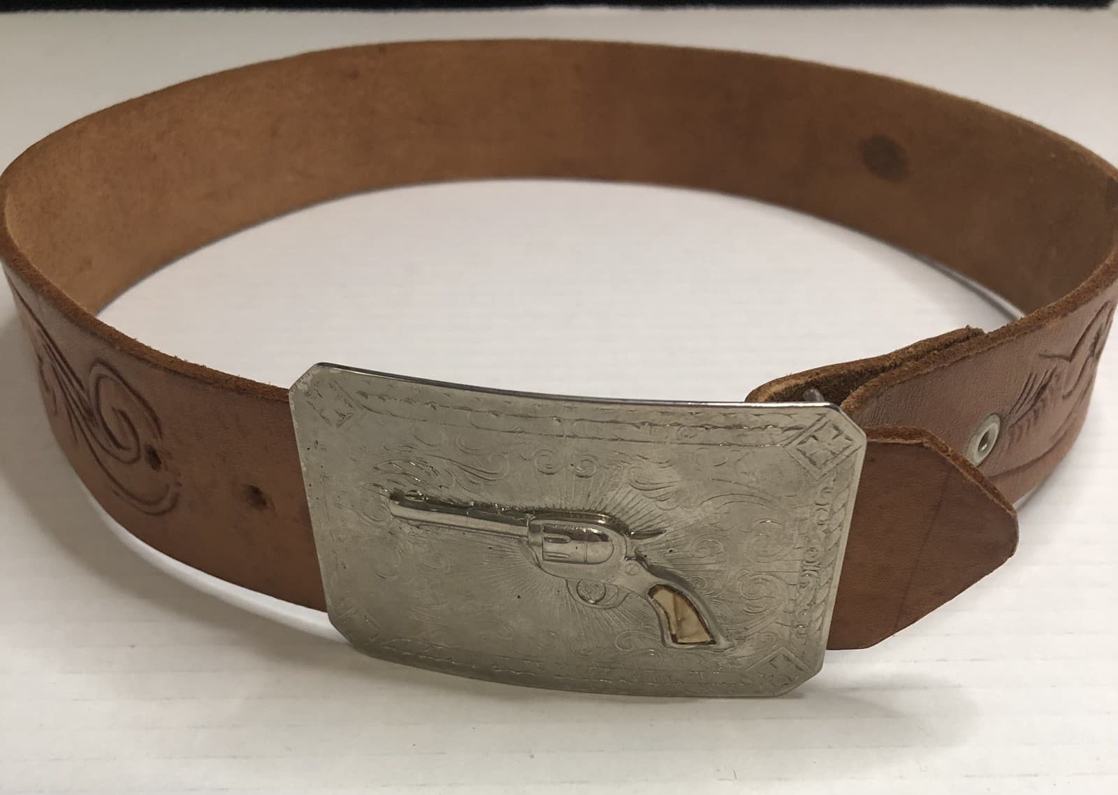 Vintage Tan Leather Belt Hand-Tooled Vine Paisley “BRENDA”  Metal Buckle 2