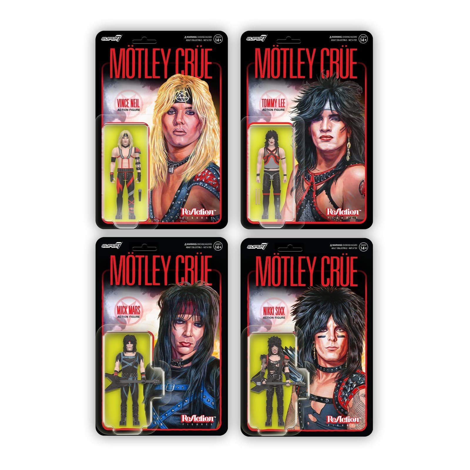 Motley Crue Super7 Reaction Figure Set Vince Neil Nikki Sixx Tommy Lee Mick Mars