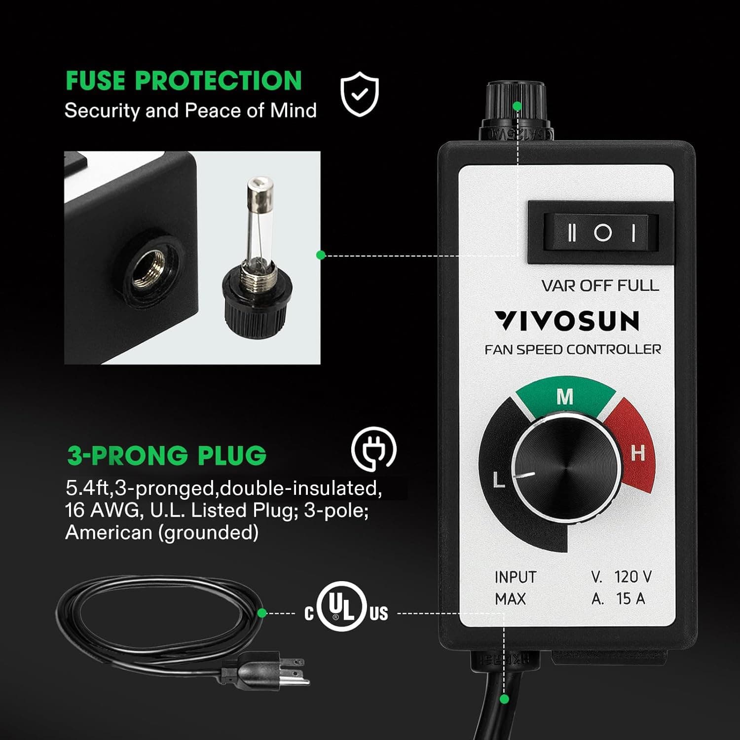 VIVOSUN 1500W Variable Speed Controller Electric Motor AC 120V for Inline Fan 5