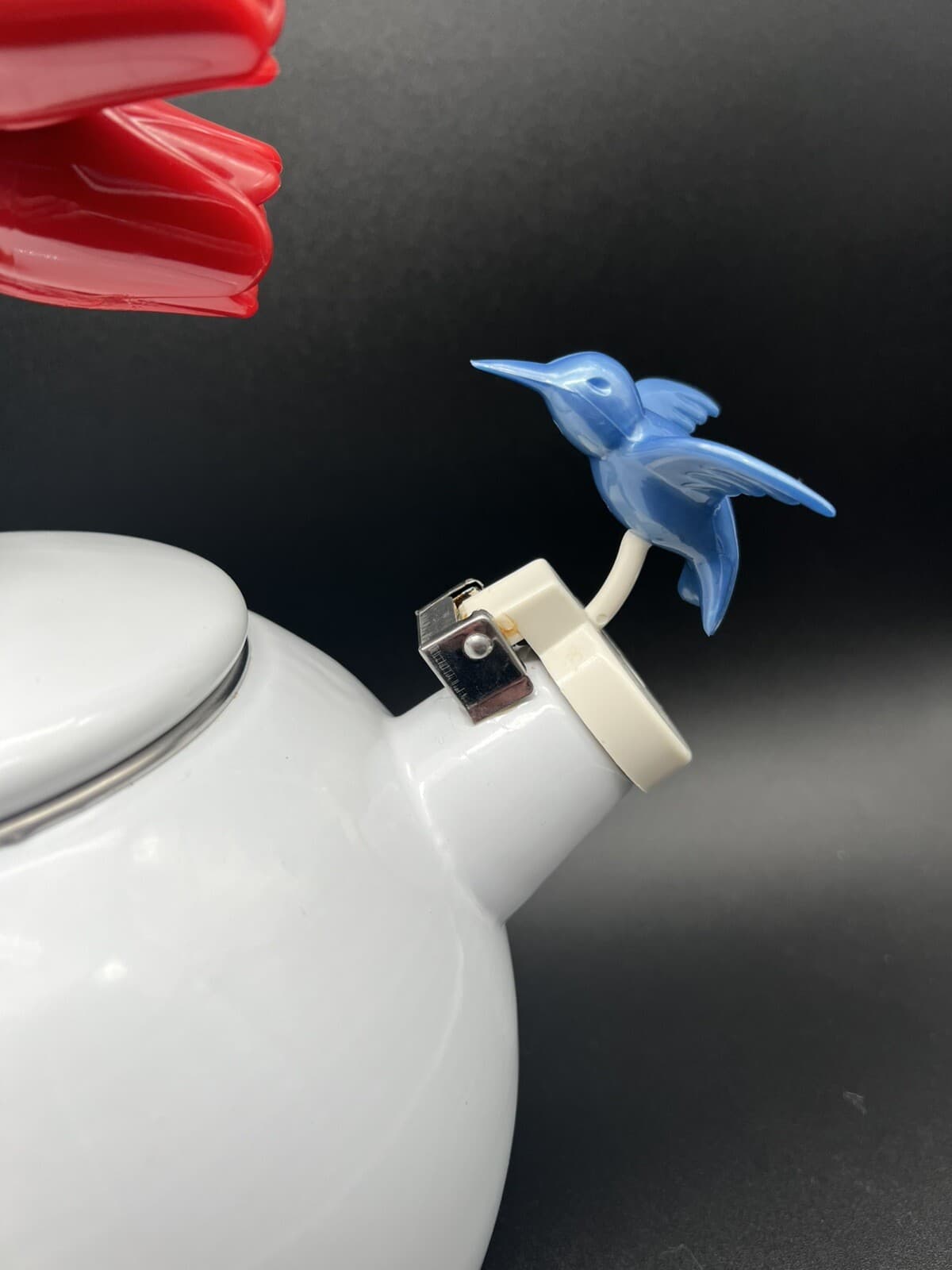 Enamel Metal Teapot Kettle With Tulips Handle And A Humming Bird. 3