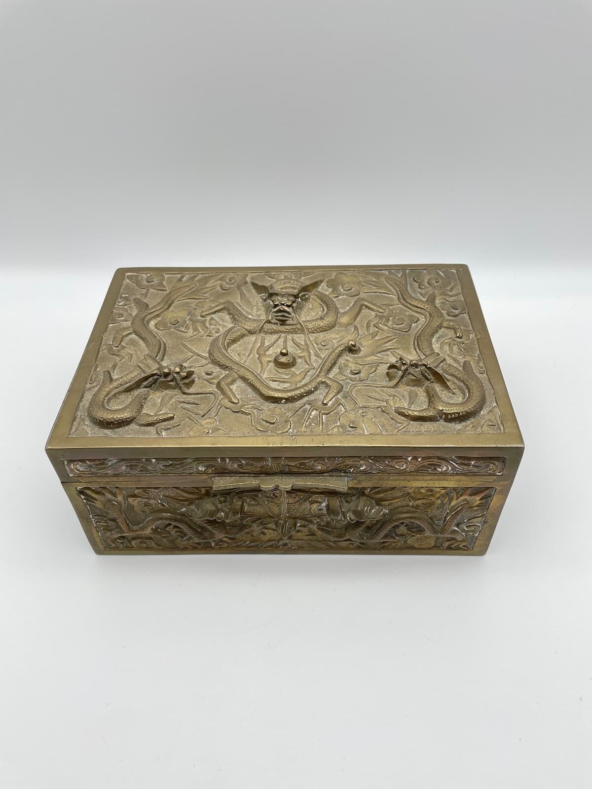 Antique Brass Chinese Hinged Trinket Humidor Box with Raised Dragons & Snakes