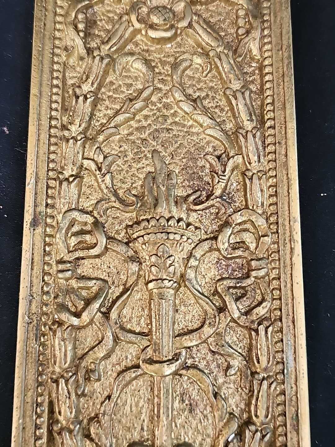 VTG Nice Patina Architectural Victorian Solid Brass Door Push Plate 10"x3" Torch 3