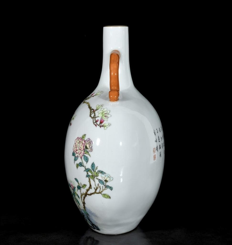 33CM Qianlong Signed Old Chinese Colour Enamel Flask Vase W/bird U1350 2