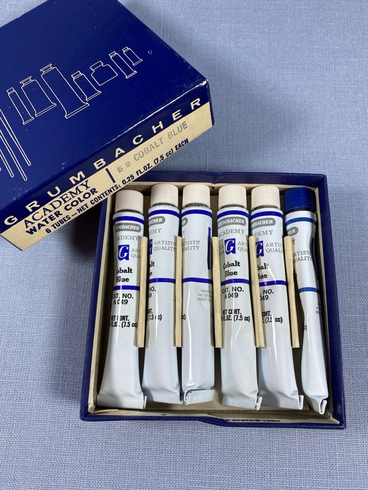 Vtg 6 Grumbacher Cobalt & Prussian Blue Academy Watercolor Paint Tubes .25 oz