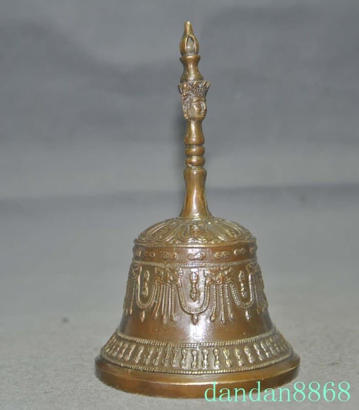 6.2" Tibetan Buddhism temple bronze Tara head Bell Chung chimes clock statue 5