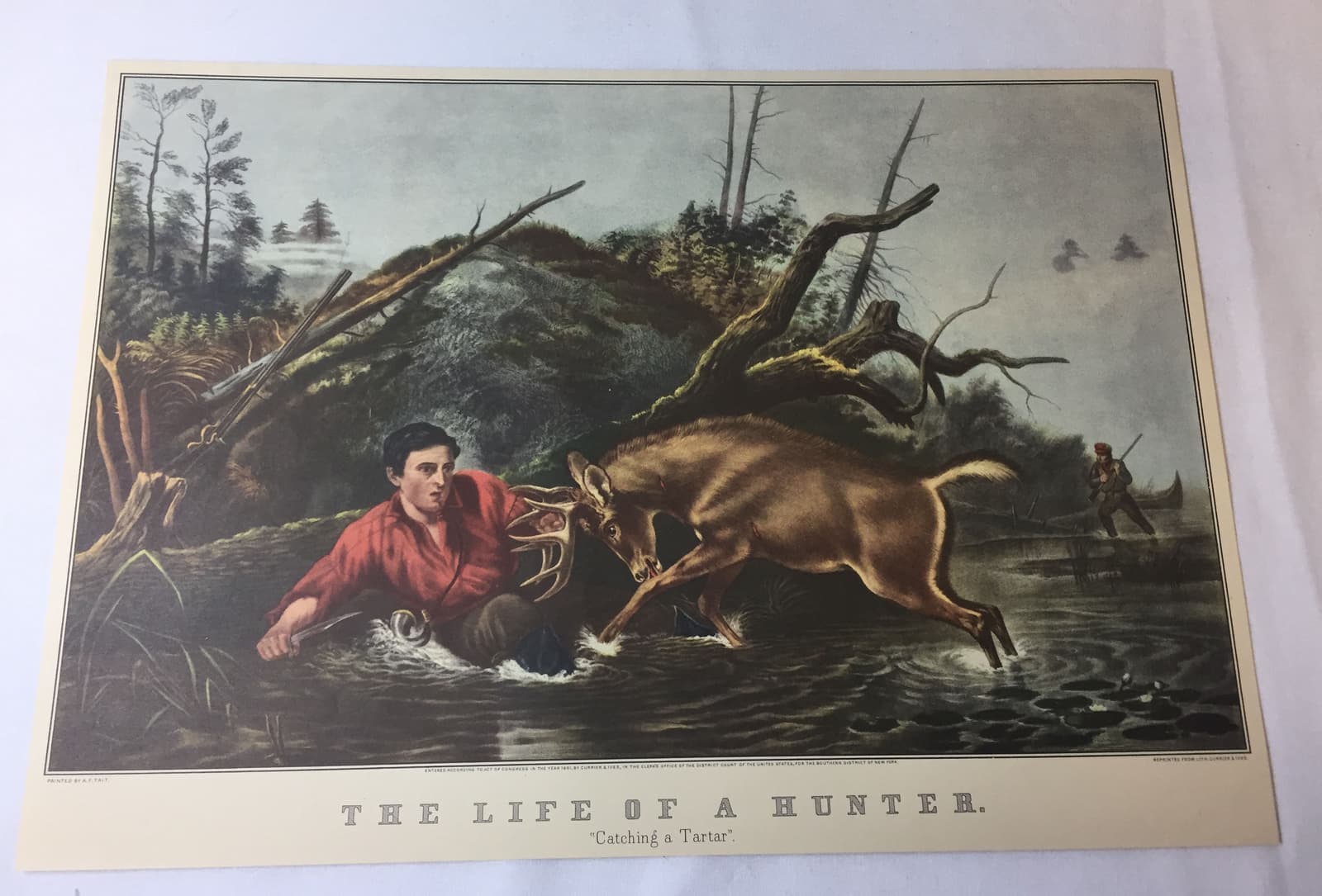1952 trimmed calendar print ~ THE LIFE OF A HUNTER Man Vs Deer