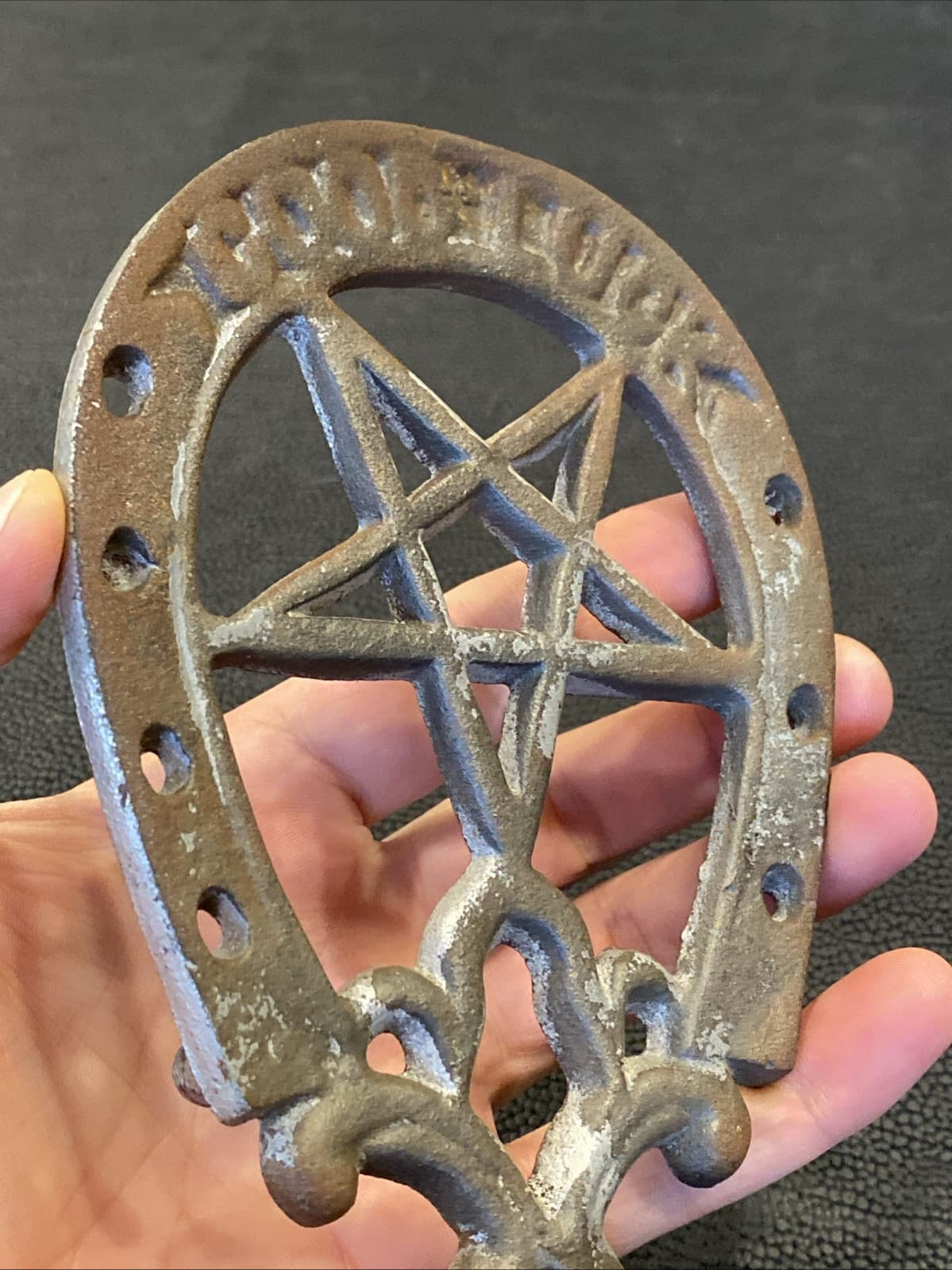 Antique Vtg Cast Iron Trivet Horseshoe Pentagram Star Good Luck Wall Hanging 7” 4