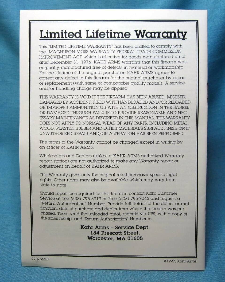 KAHR MK9 Original Owners Instruction Safety Manual & Papers - dated 1997 4