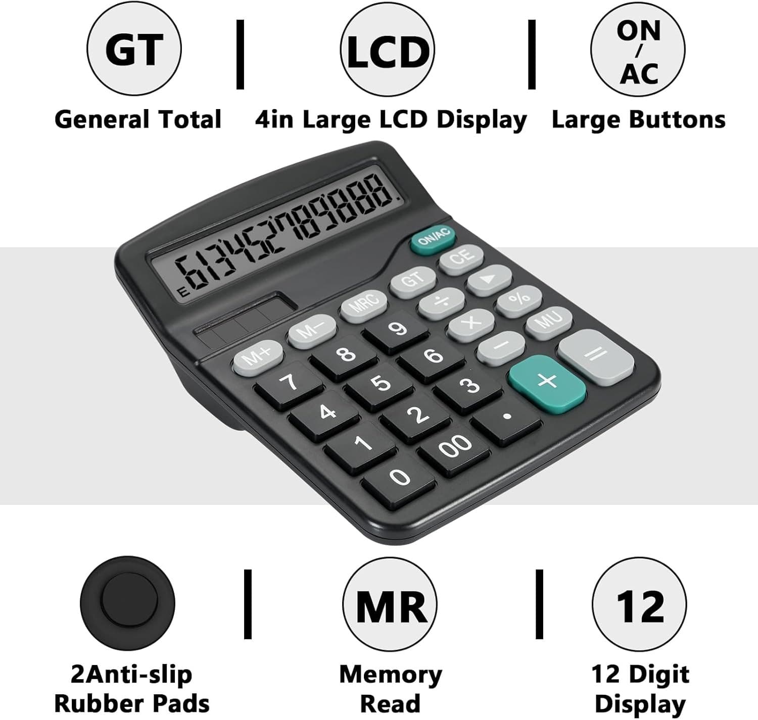Desktop Calculator with Big Buttons, Dual Power Source, Solar and Black  4