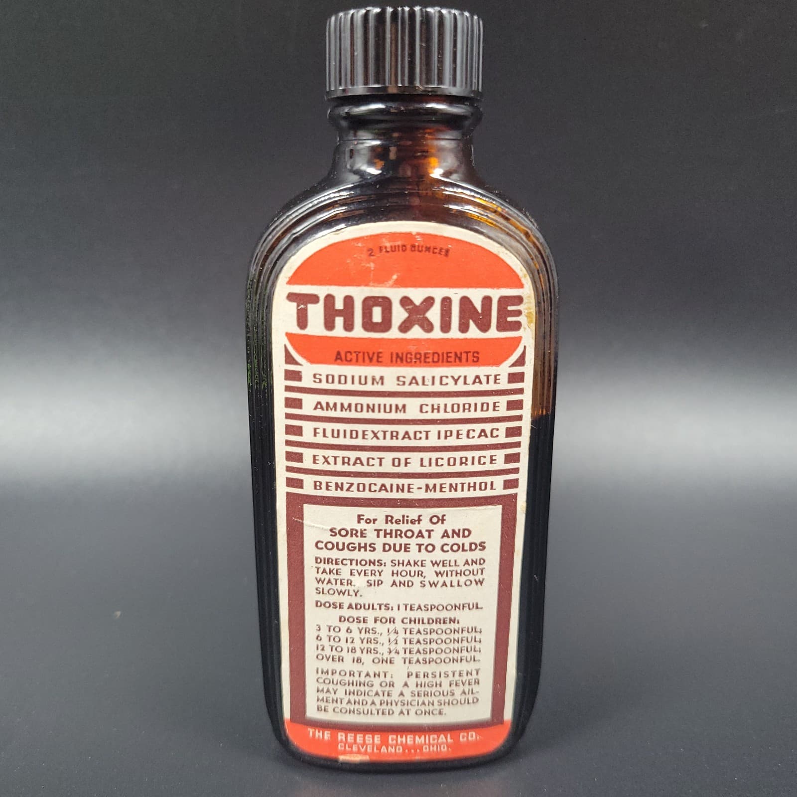 Thoxine Cough Syrup Full Label Apothecary Bottle Patent Med Reese Chemical VTG 2