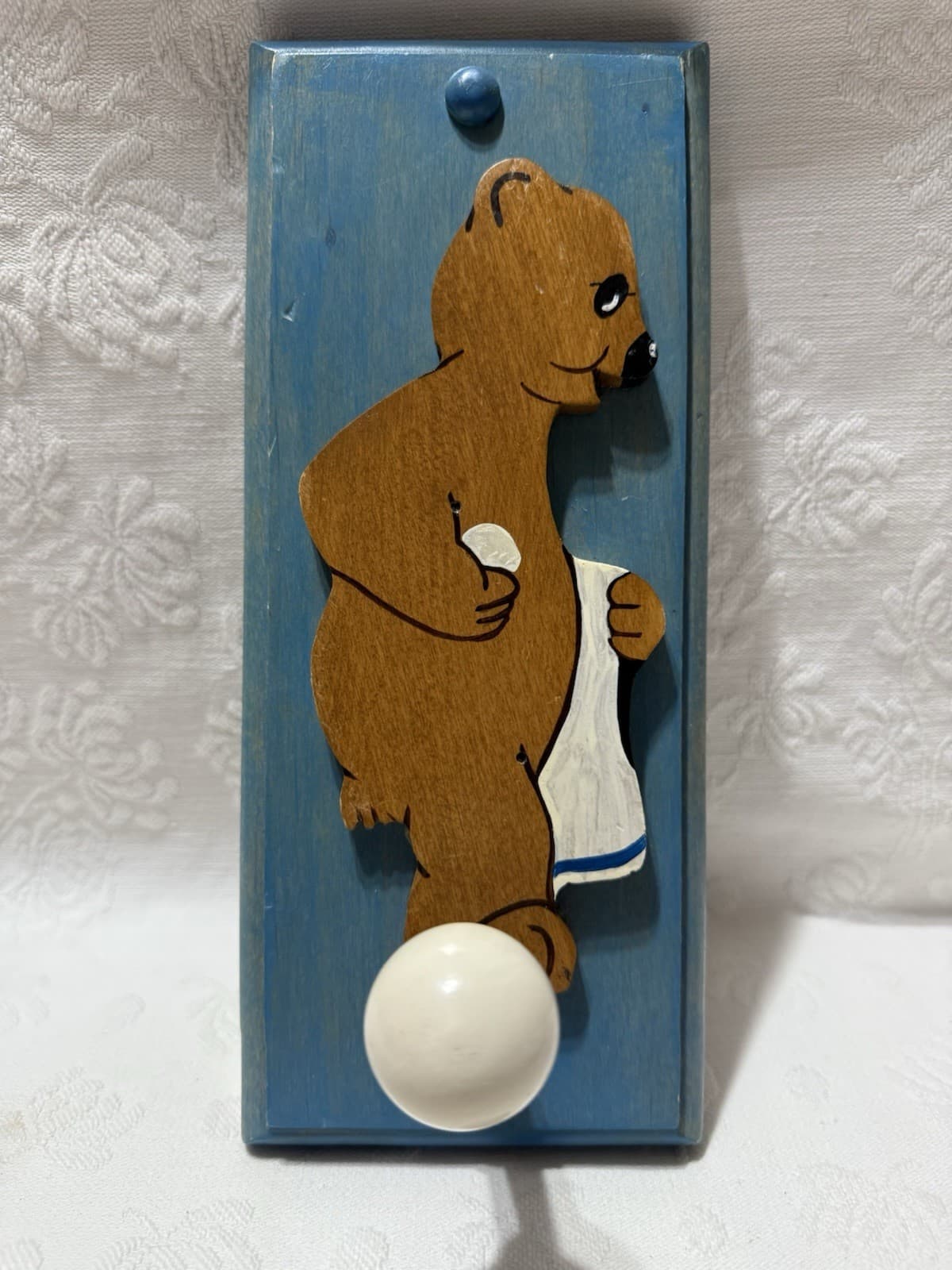 1984Bearwoods Studio-Handmade Wood Cut Out Brown Bear/Blue Wall Plaque-Coat Hook