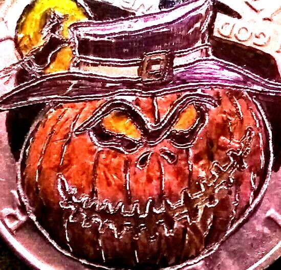 Hobo Nickel hand carved original by J&M Tarantula Kennedy as happy Halloween 4