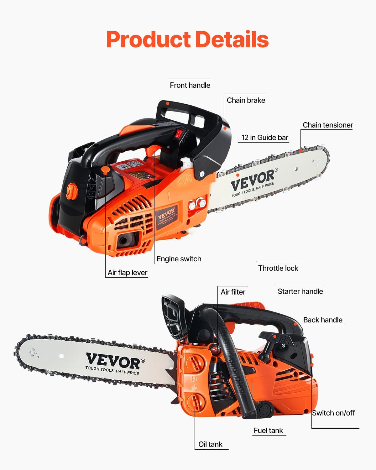 VEVOR 25.4CC 12" Gasoline Chainsaw Powered Wood Cutting Engine Gas Chain Saw 3