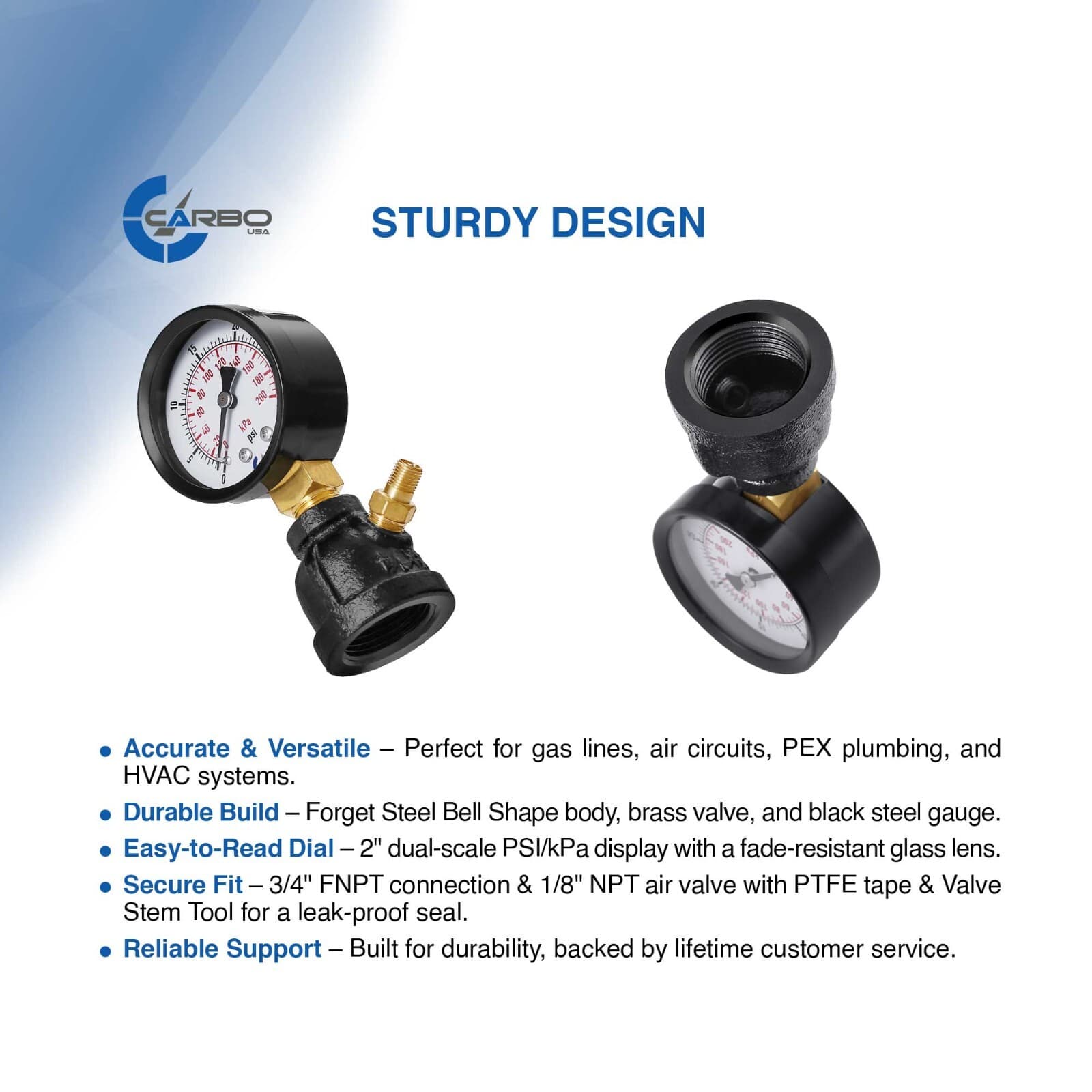 Gas Test Pressure Gauge 60 Pound, 60 PSI/400 kPa 3/4” FNPT Steel Bell Shape Body 3
