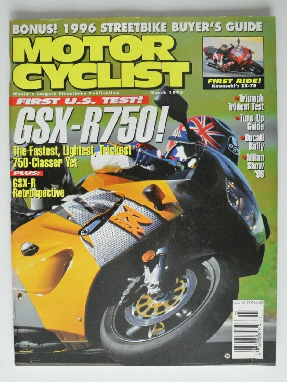 MOTOR CYCLIST March 1996 Triumph Trident Suzuki GSX-R Kawasaki ZX-7R