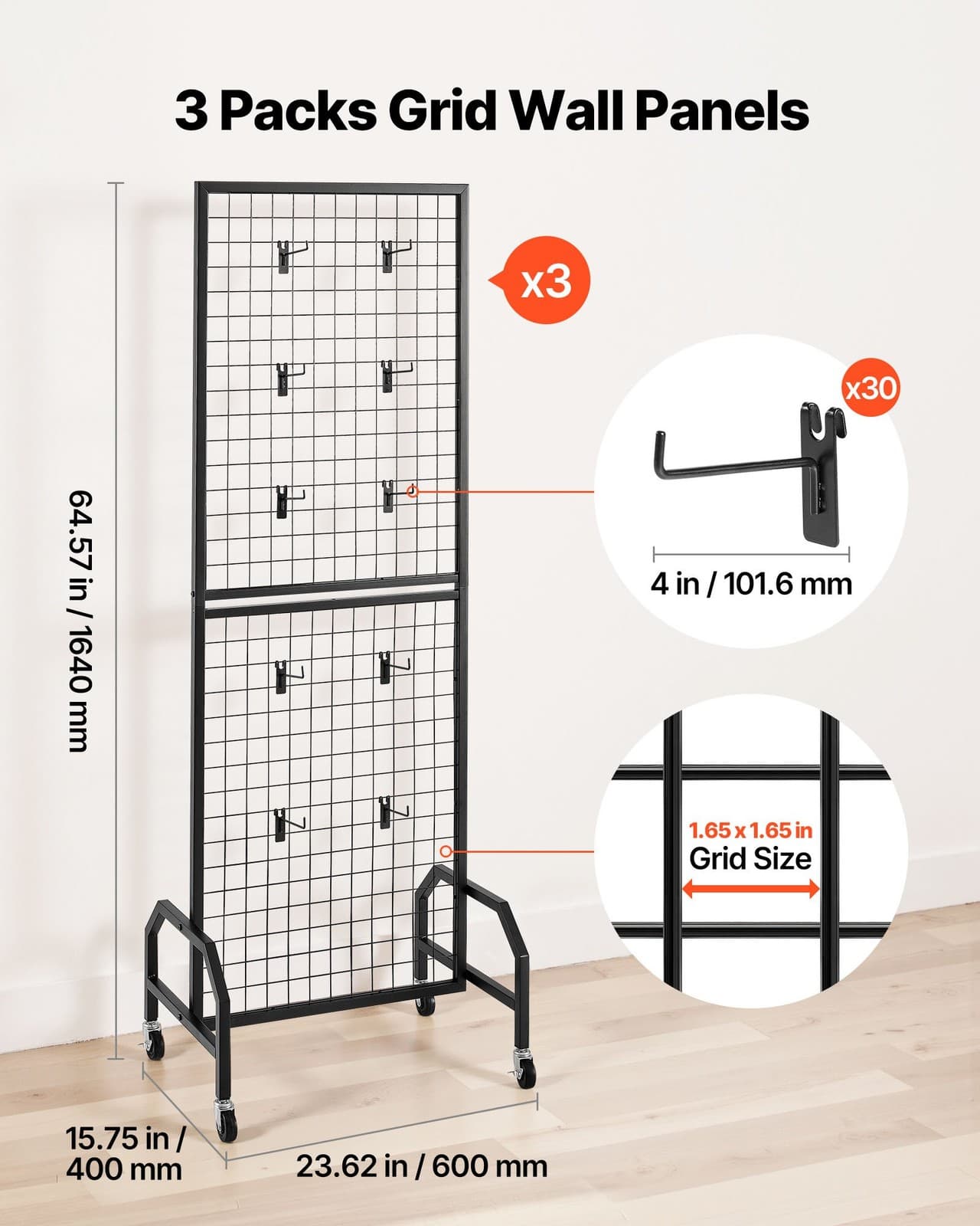 VEVOR 3 Packs Grid Wall Panels,1.9 x 5.4 ft Wire Grid Panels Display Rack,Movabl