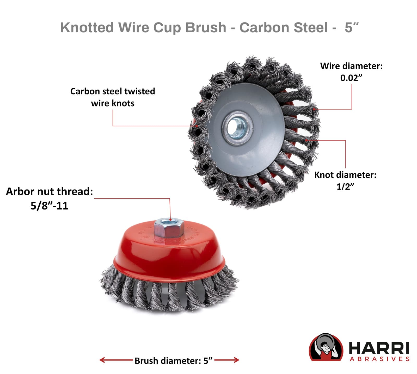Harri Abrasives Twist Knotted Cup Brush - Carbon Steel - Nut Thread: 5/8"-11 UNC 2