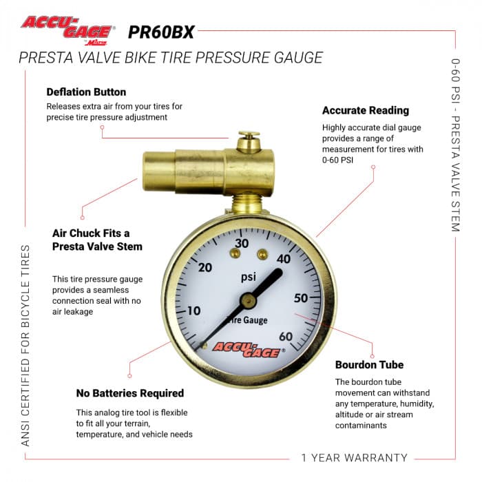ACCU-GAGE® by Milton® Presta Valve Bike Tire Pressure Gauge with Bleeder Valve 3