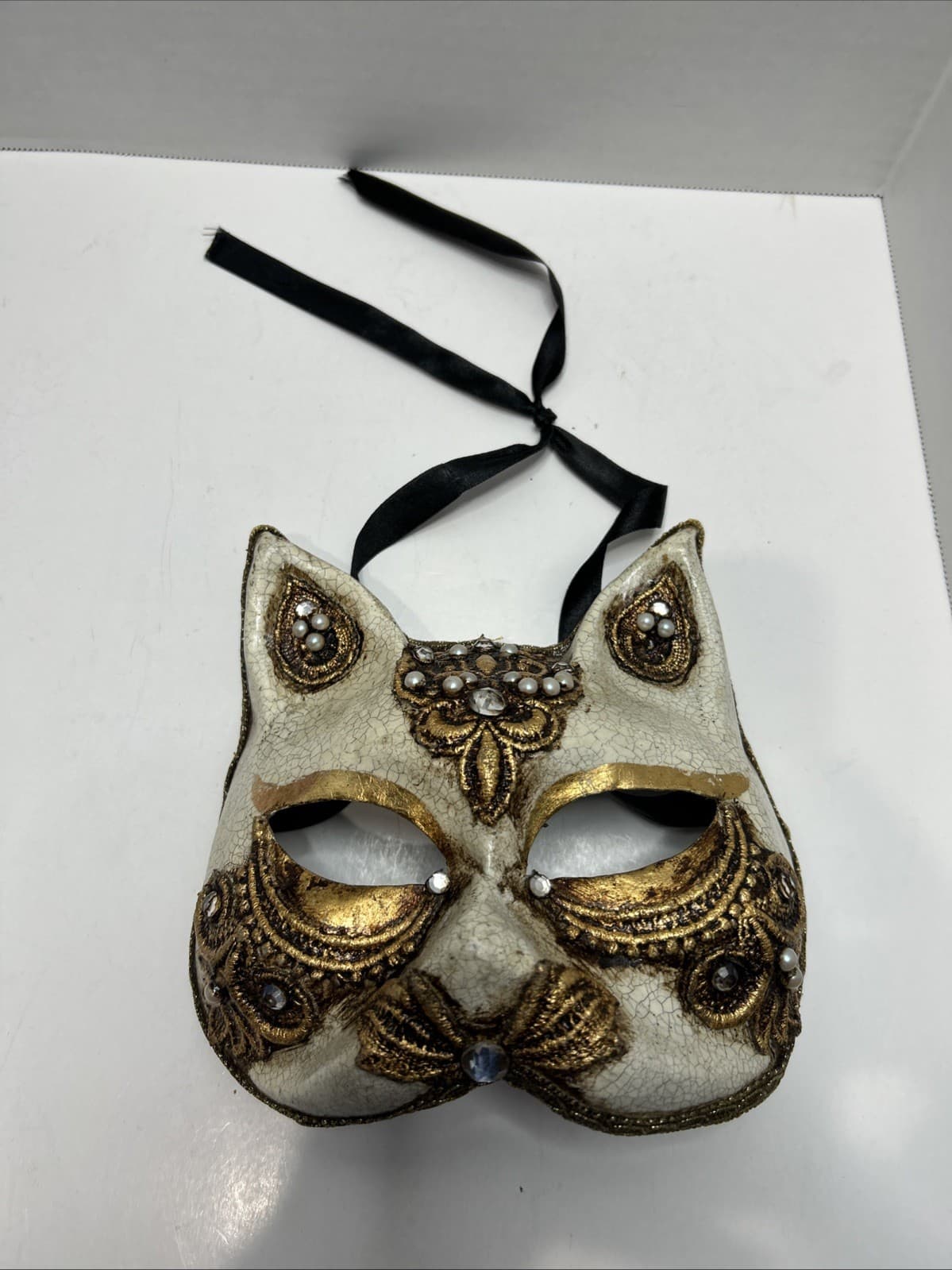 Masquerade Mardi Gras Cat Mask W/Jewels Handmade From New Orleans 7” x 6” 2