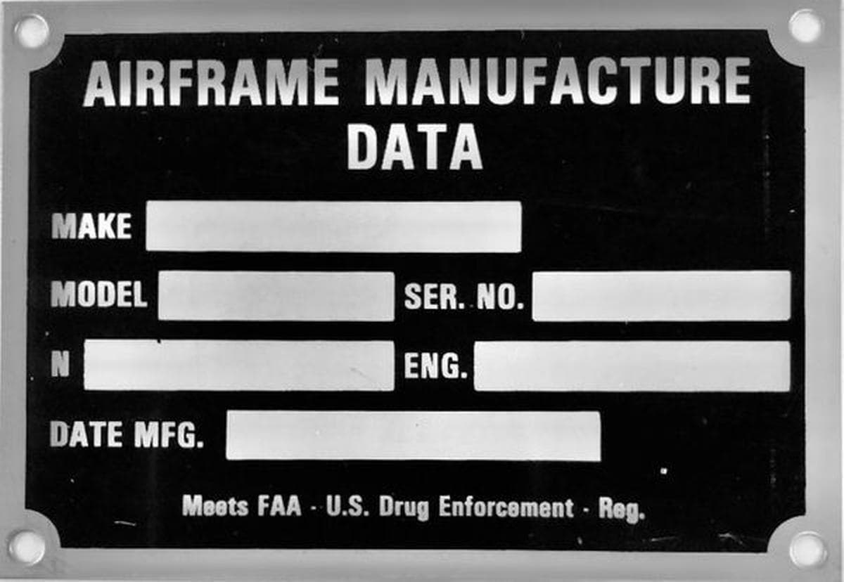 Airframe Manufacture Data Plate, FAA - U.S. Drug Enforcement Required  DPL-0121