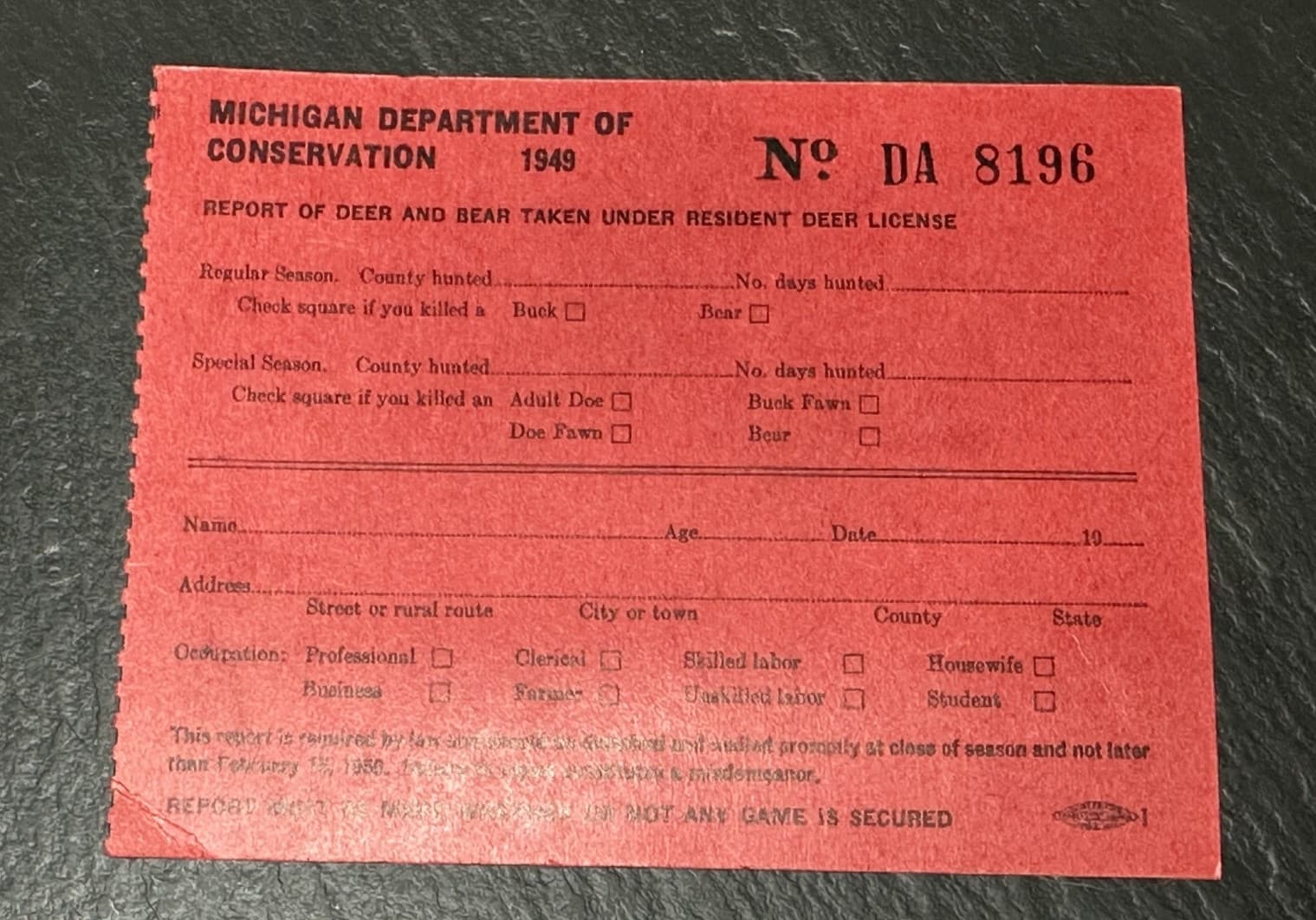 1949 MICHIGAN DEPARTMENT OF CONSERVATION DEER & BEAR TAKEN FORM FP369