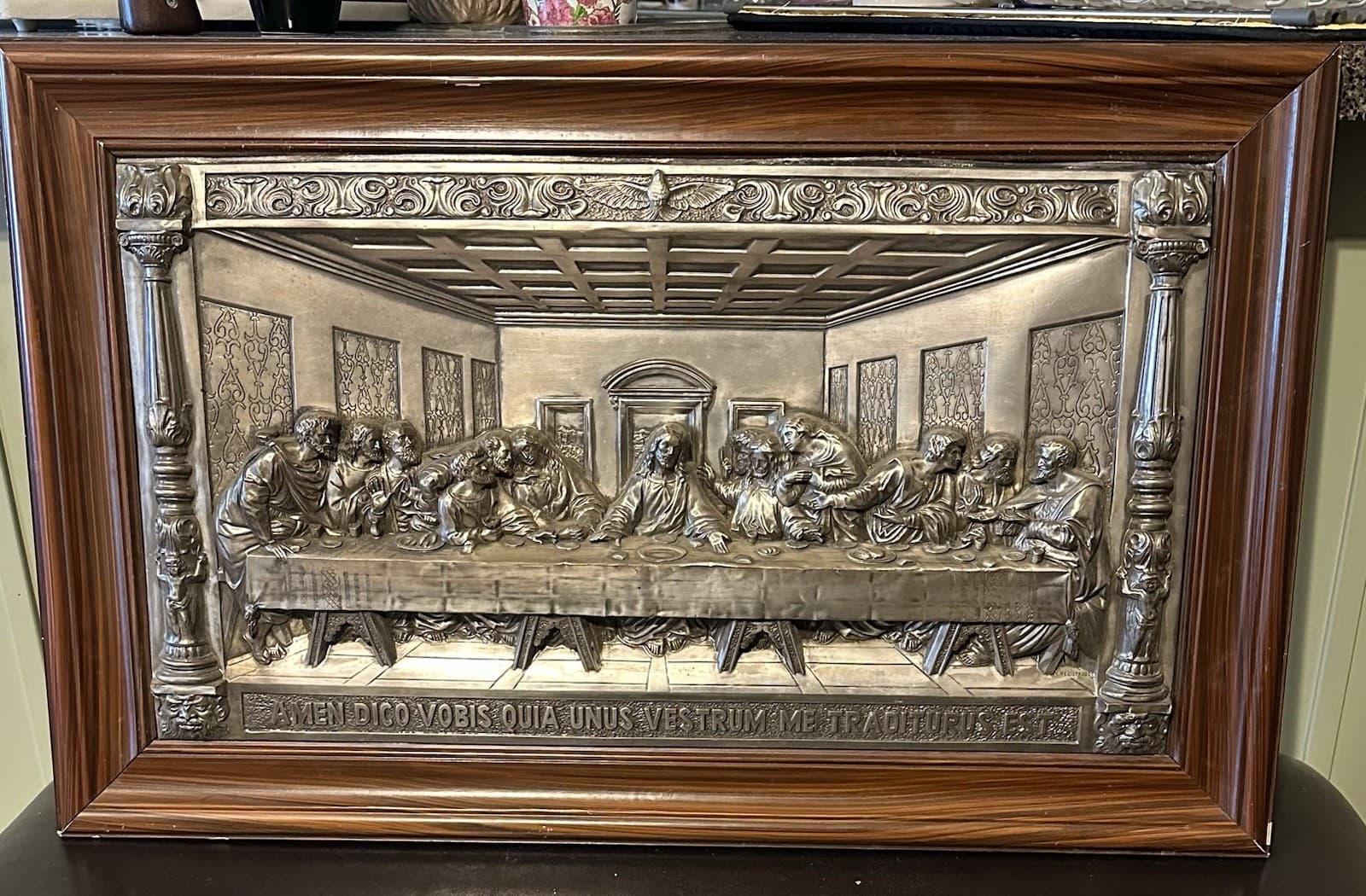 Antique M. Registrado Framed Metal Relief The Last Supper