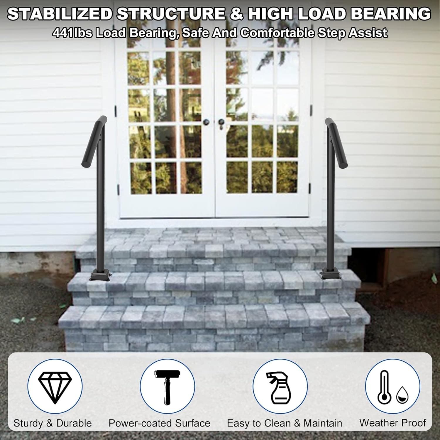 Durable Iron Handrail 2PC for Outdoor Decking 1-2 Step Stair Safety Support 3