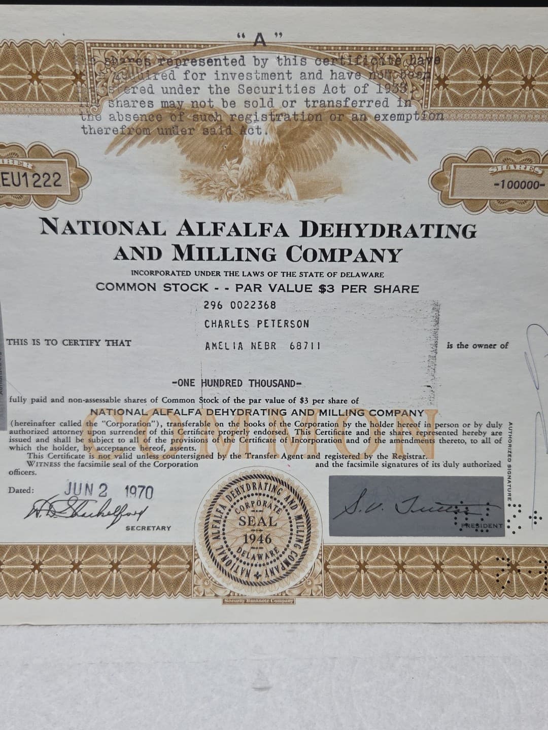 National Alfalfa Dehydrating And Milling Co. 100000 Stock Certificate  Shares 3