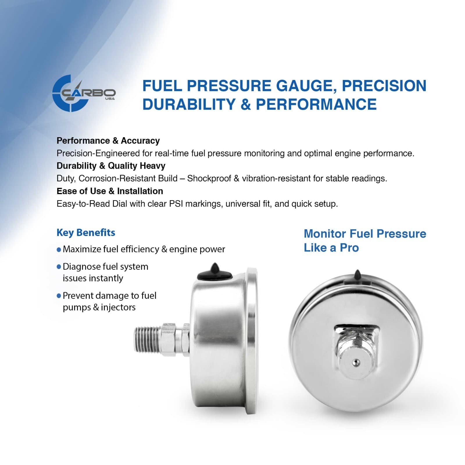 CARBO Gauge 0-60 psi Fuel Pressure Oil Pressure 1.5" Liquid Filled, Black Dial  4