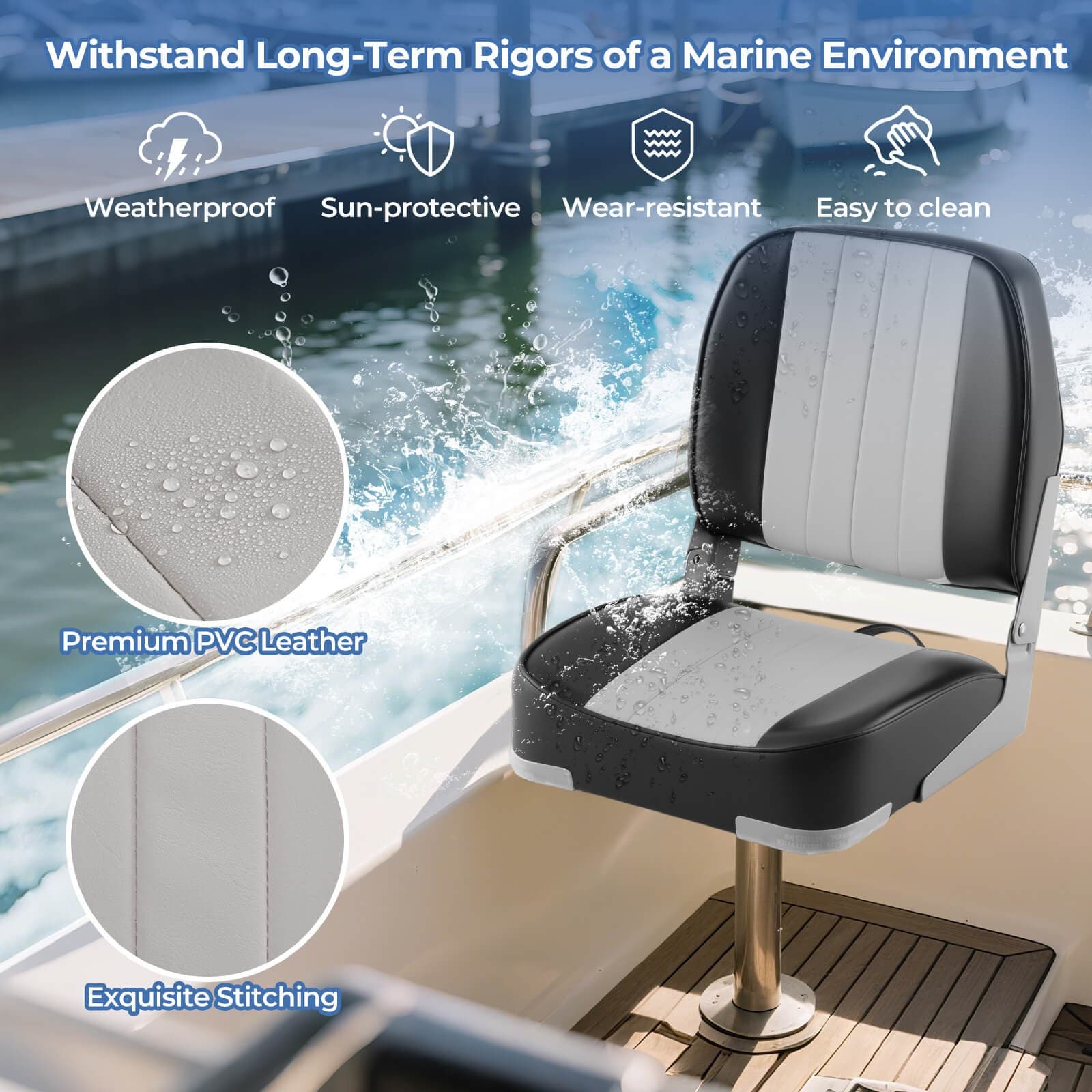 2-Pack Folding Boat Seats w/ Thick Sponge Padding Fixing Bolts Hinges 6